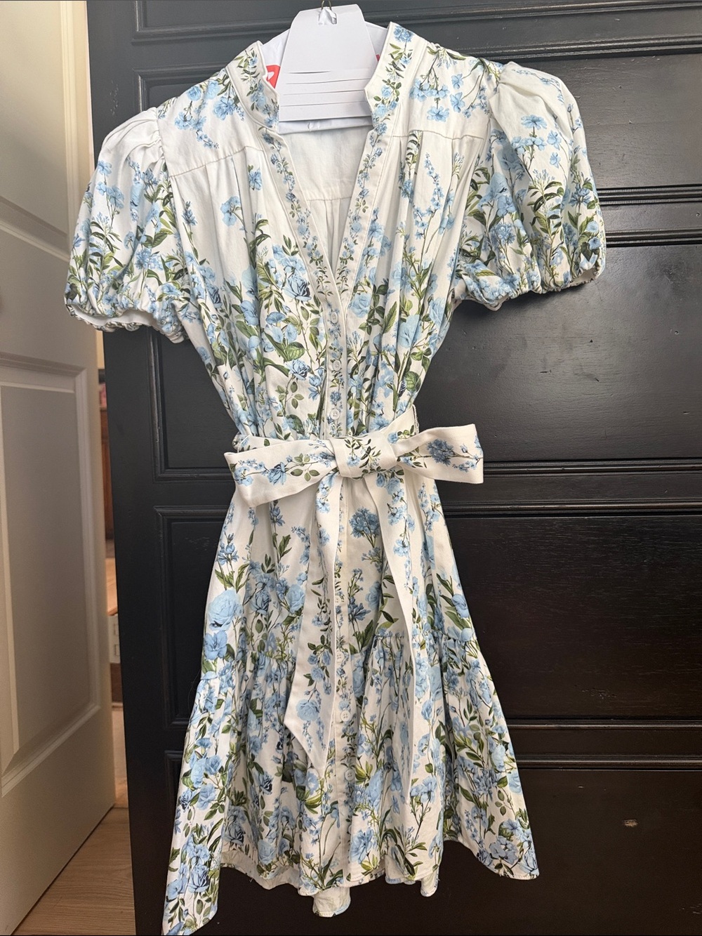 Alice & Olivia White and Blue Floral Tie-Waist Dress